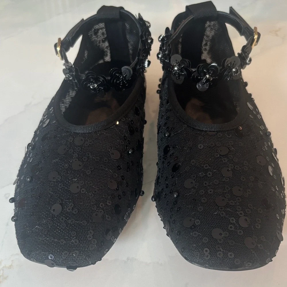 J. Crew Quinn Black Sequin And Mesh Ballet Flats w/Removable Ankle Strap Sz 7.5 - Picture 5 of 12